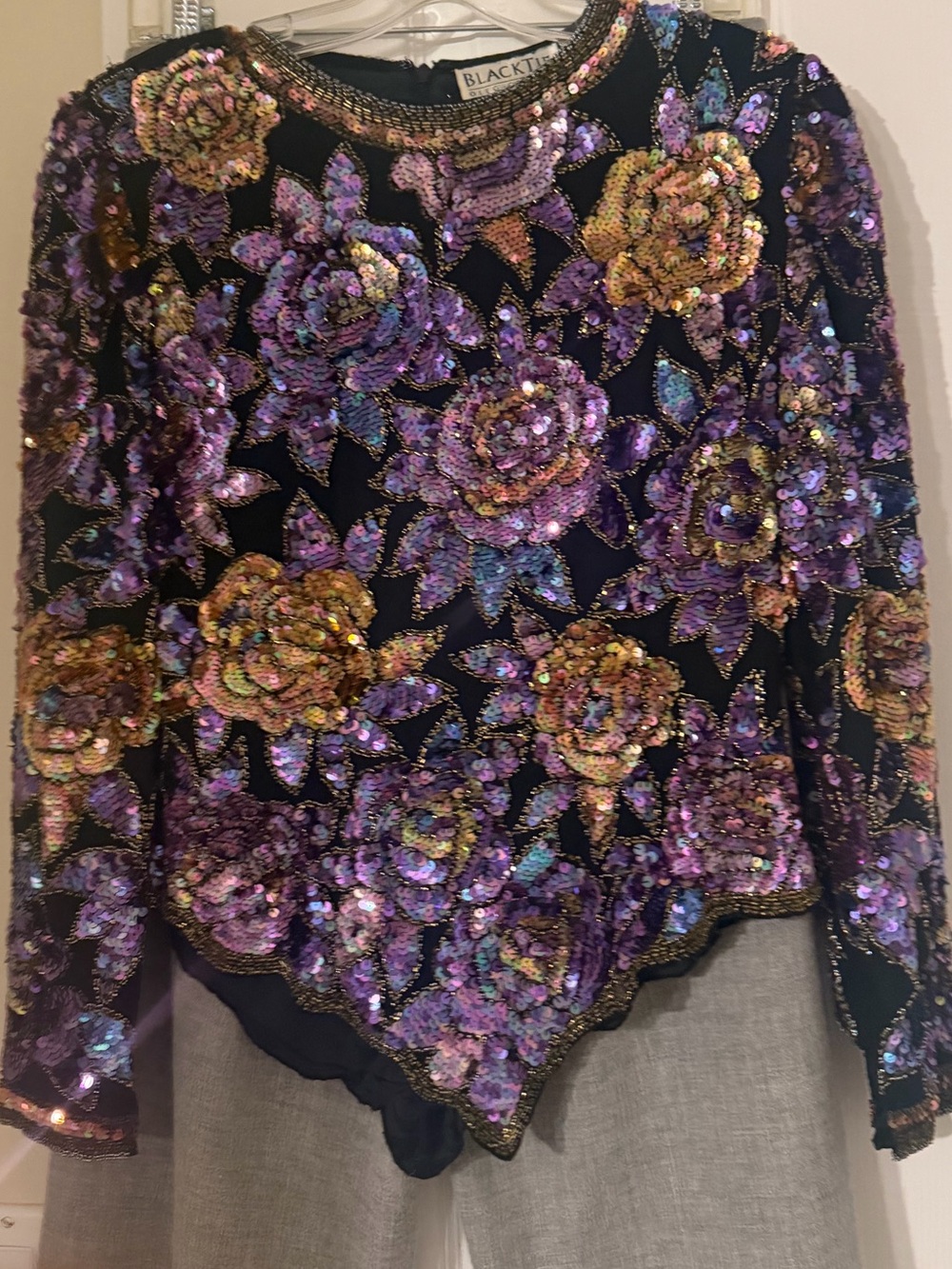 Oleg Cassini Vintage Silk Sequin Top – Black, Purple & Gold